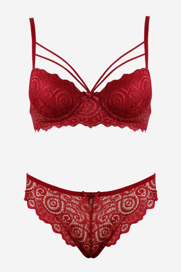 Bella Notte Bordo Dantelli Çift İp Detaylı Şık Sütyen Takım 19007 - Görsel 5