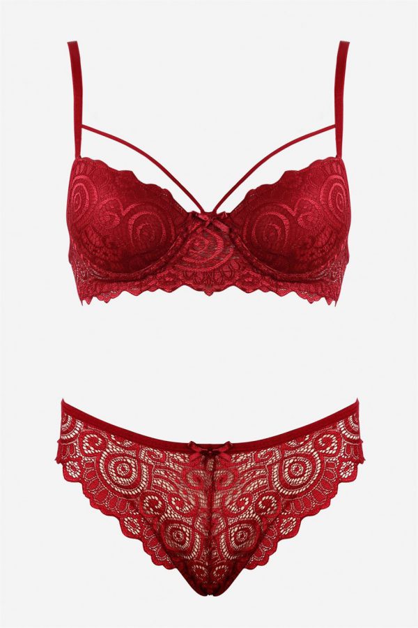 Bella Notte Bordo Dantelli Tek İp Detaylı Şık Sütyen Takım 19011 - Görsel 5