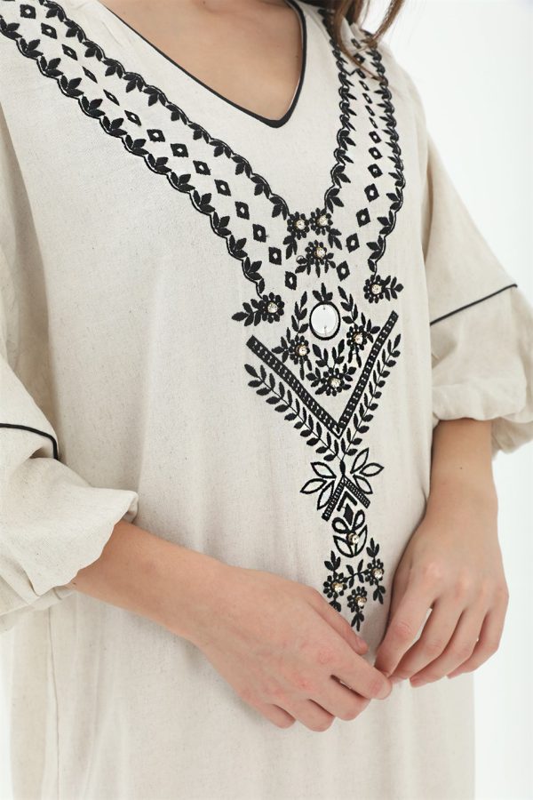 Balon Kol Nakışlı Kimono - Taş - Görsel 6