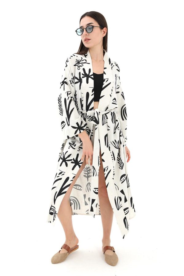 Baskılı Keten Kimono - Siyah - Görsel 3