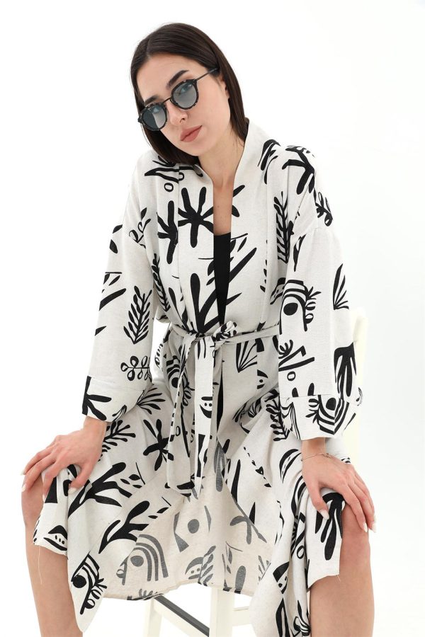 Baskılı Keten Kimono - Siyah - Görsel 2
