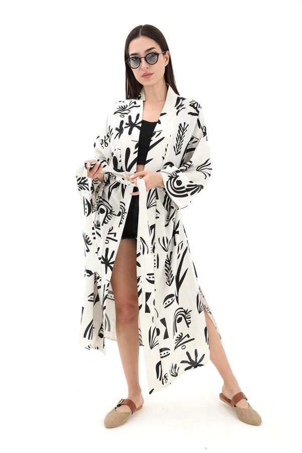 Baskılı Keten Kimono - Siyah - Görsel 6