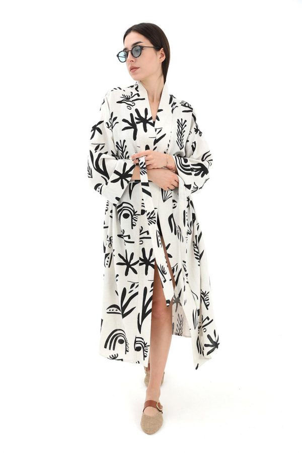 Baskılı Keten Kimono - Siyah - Görsel 4