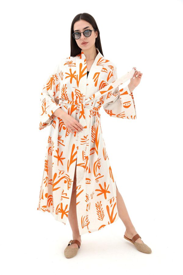 Baskılı Keten Kimono - Turuncu - Görsel 5