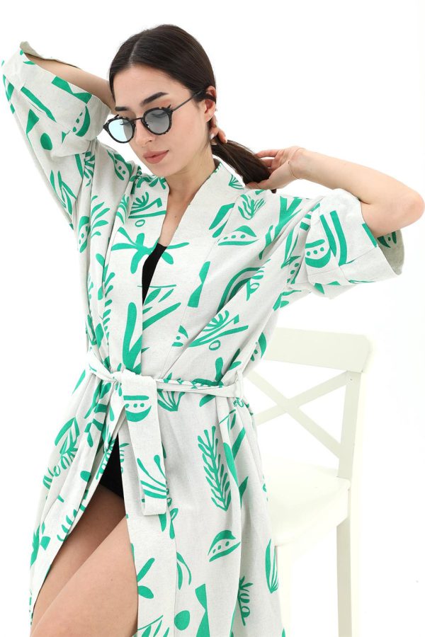 Baskılı Keten Kimono - Yeşil - Görsel 2
