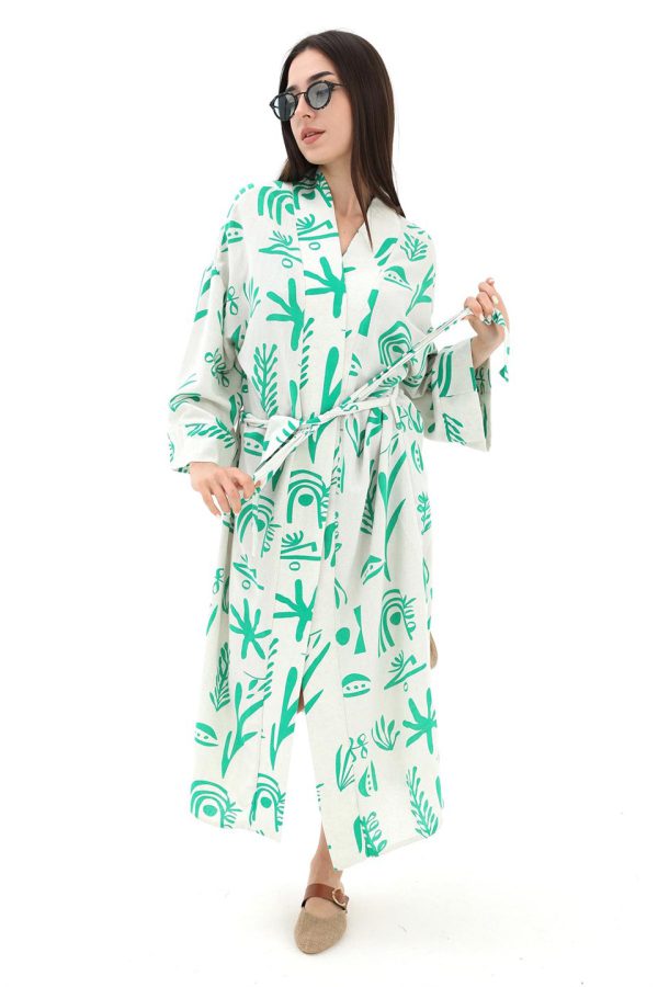 Baskılı Keten Kimono - Yeşil - Görsel 6