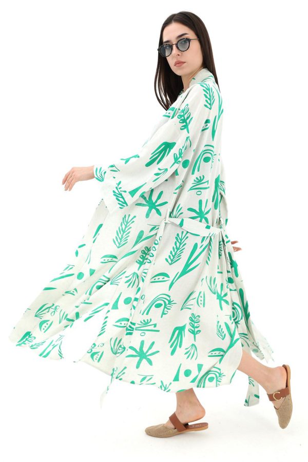 Baskılı Keten Kimono - Yeşil - Görsel 3