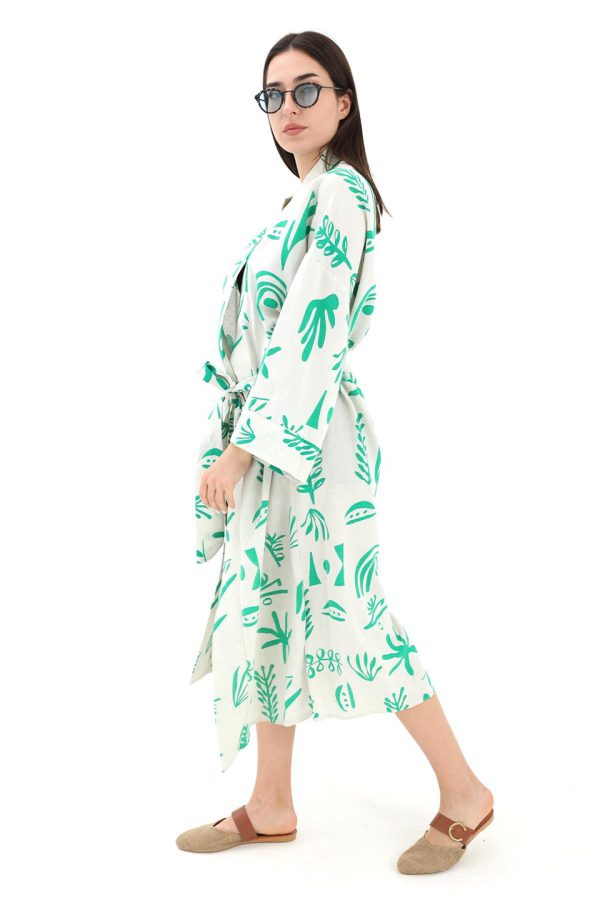 Baskılı Keten Kimono - Yeşil - Görsel 5