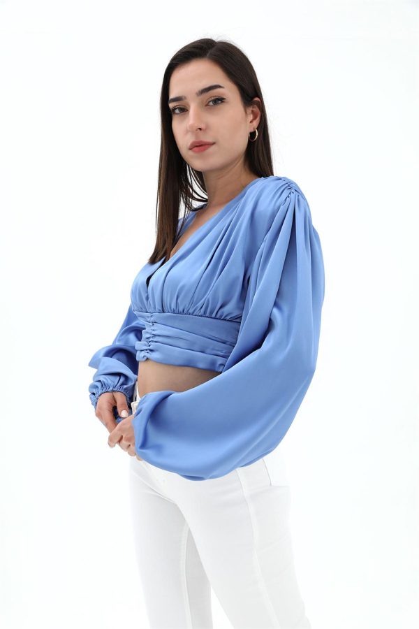 Beli Drapeli Balon Kol Bluz - Mavi - Görsel 3