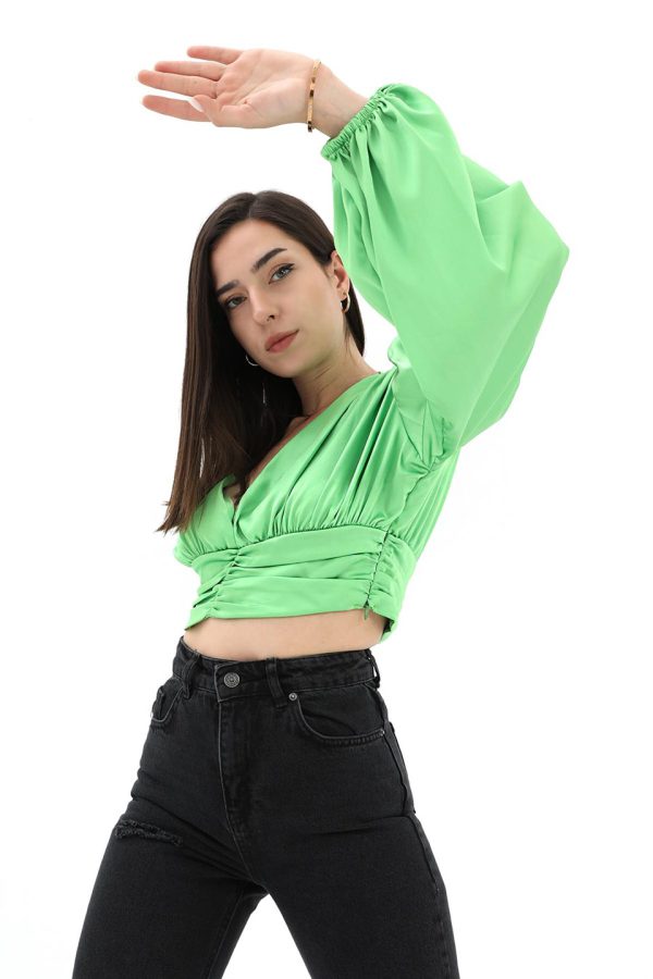 Beli Drapeli Balon Kol Bluz - Yeşil - Görsel 3