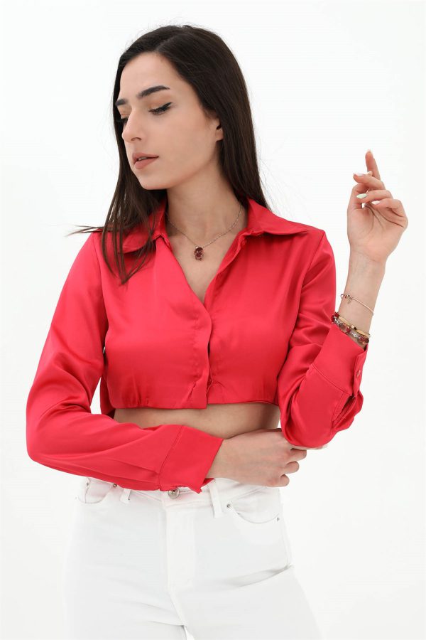 Beli Lastikli Saten Gömlek - Kırmızı - Görsel 3