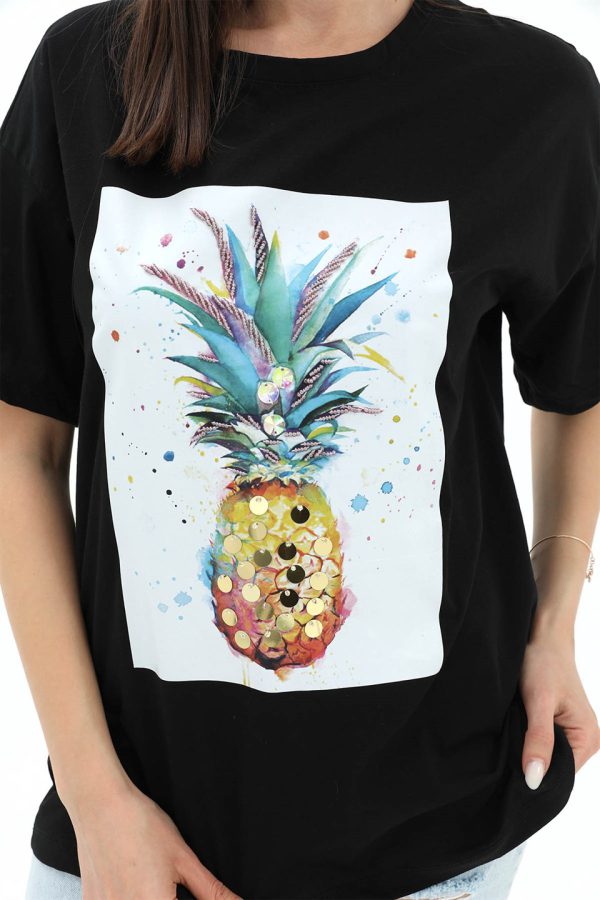 Bisiklet Yaka Ananas Baskılı Süprem T-shirt - Siyah - Görsel 4