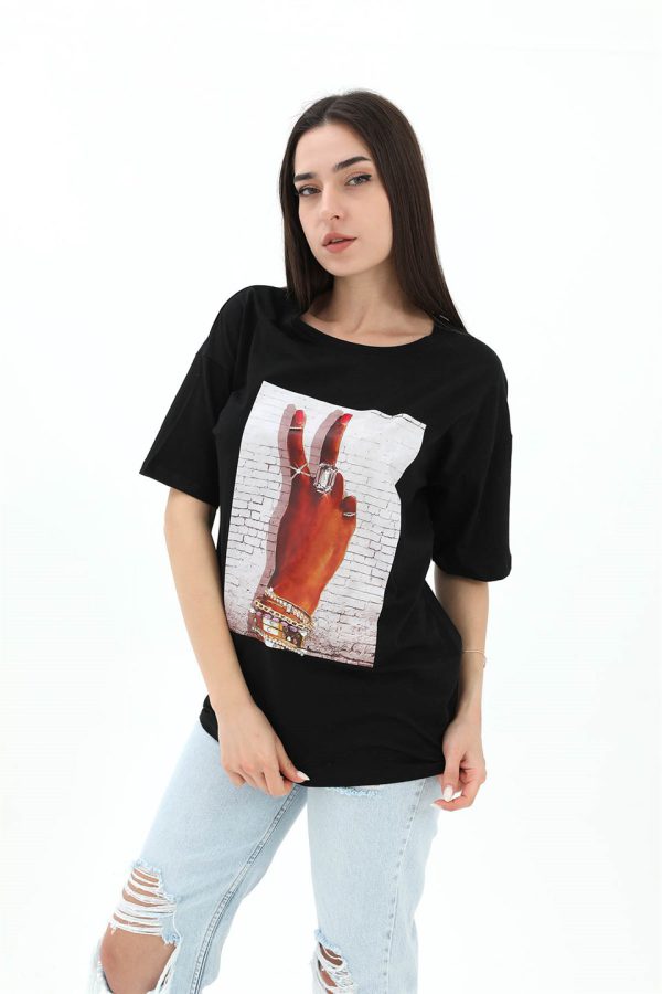 Bisiklet Yaka El Baskılı Süprem T-shirt - Siyah - Görsel 2