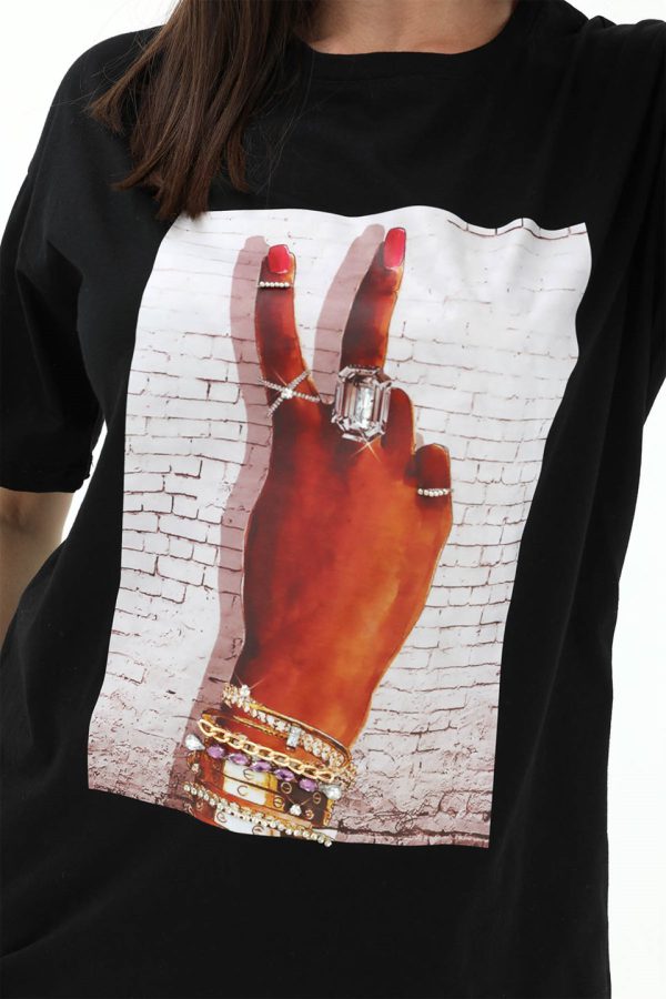 Bisiklet Yaka El Baskılı Süprem T-shirt - Siyah - Görsel 4