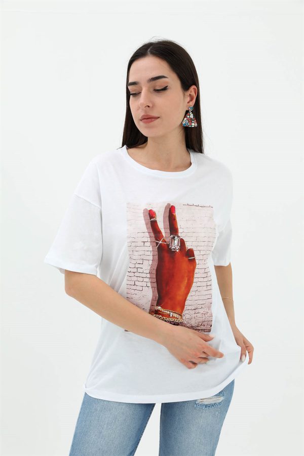 Bisiklet Yaka El Baskılı Süprem T-shirt - Beyaz - Görsel 3