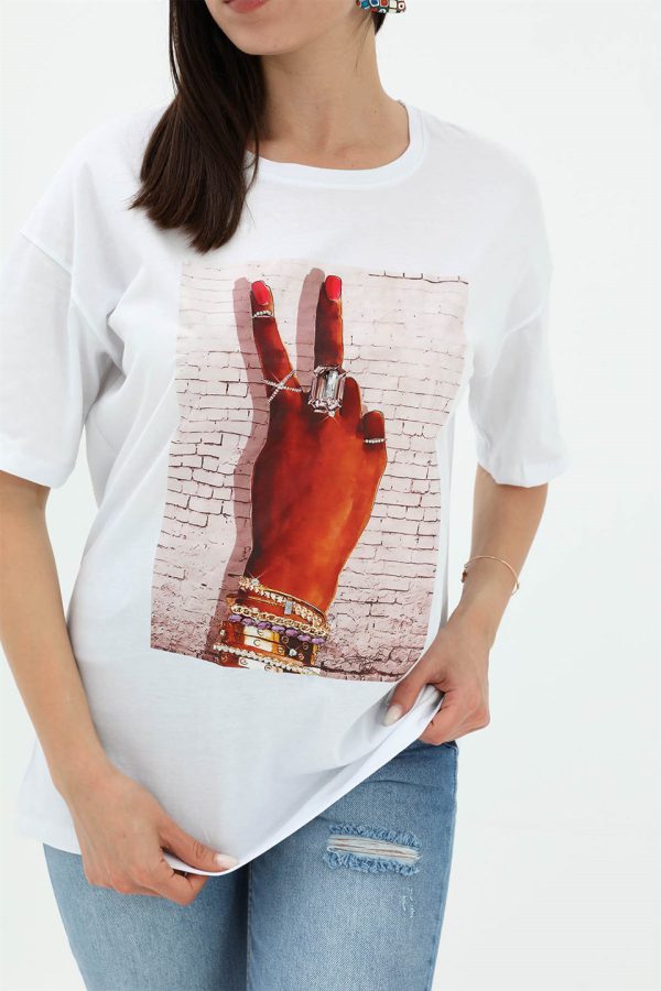 Bisiklet Yaka El Baskılı Süprem T-shirt - Beyaz - Görsel 4