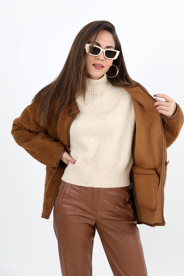 Bisiklet Yaka Kıvırcık Ceket - Camel - Görsel 6