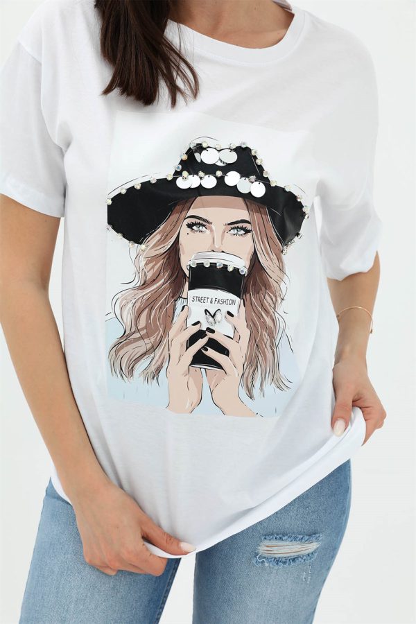 Bisiklet Yaka Kovboy Şapkalı Süprem T-shirt - Beyaz - Görsel 4
