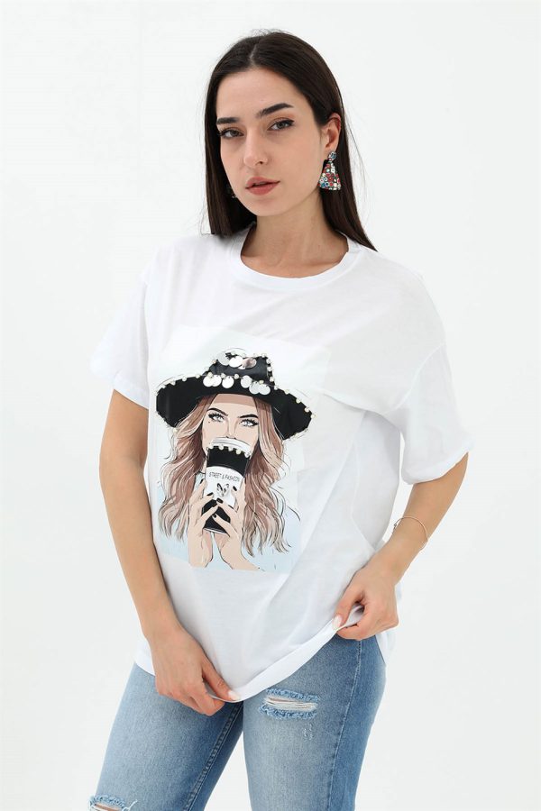 Bisiklet Yaka Kovboy Şapkalı Süprem T-shirt - Beyaz - Görsel 2