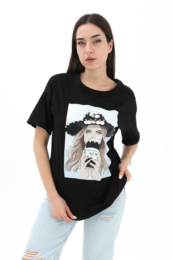 Bisiklet Yaka Kovboy Şapkalı Süprem T-shirt - Siyah - Görsel 2
