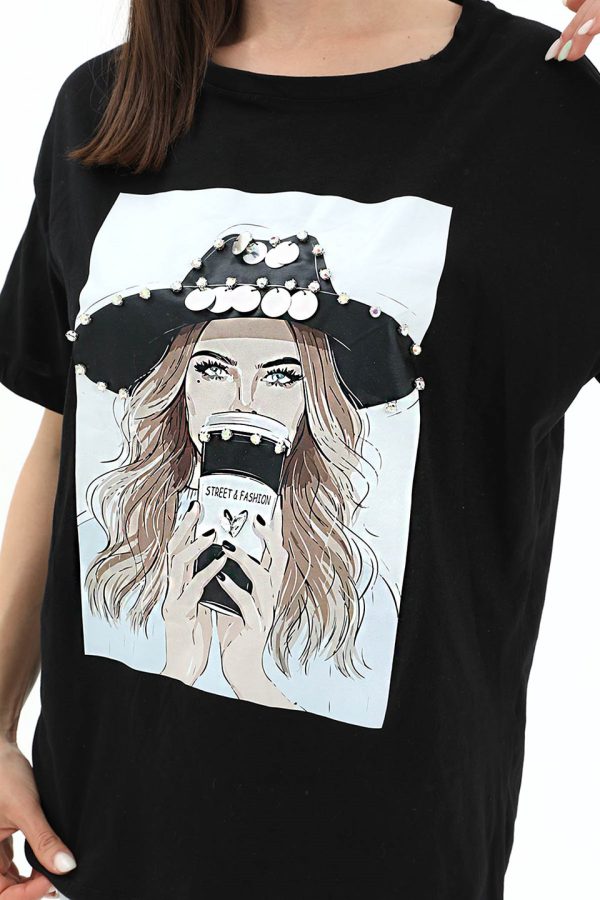Bisiklet Yaka Kovboy Şapkalı Süprem T-shirt - Siyah - Görsel 4