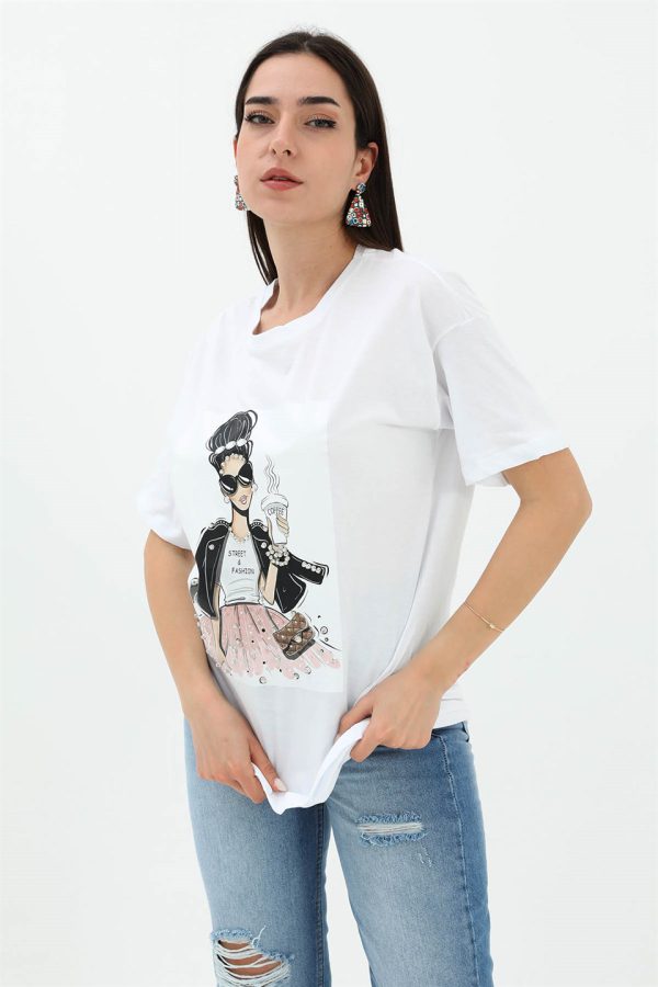 Bisiklet Yaka Taş Detaylı Süprem T-shirt - Beyaz - Görsel 2