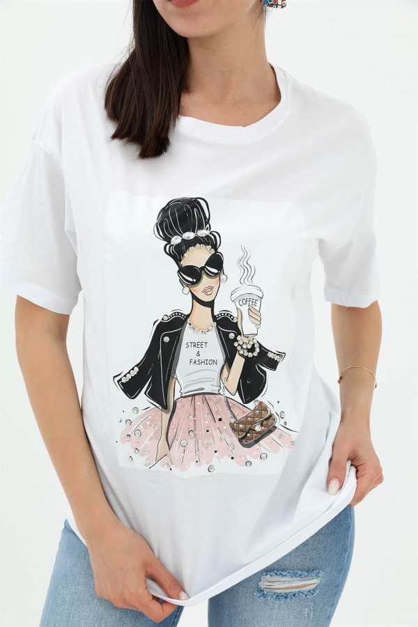 Bisiklet Yaka Taş Detaylı Süprem T-shirt - Beyaz - Görsel 4