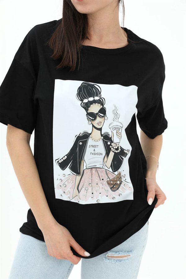 Bisiklet Yaka Taş Detaylı Süprem T-shirt - Siyah - Görsel 4
