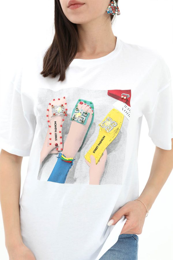 Bisiklet Yaka Terlik Baskılı T-shirt - Beyaz - Görsel 3