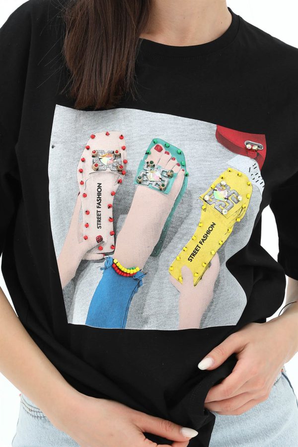 Bisiklet Yaka Terlik Baskılı T-shirt - Siyah - Görsel 4