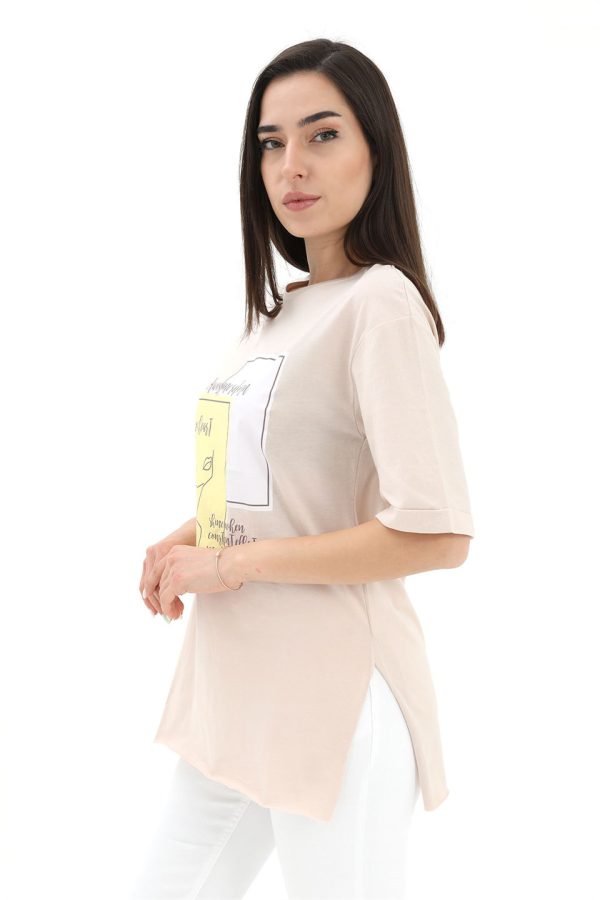 Bisiklet Yaka Yüz Basklı T-Shirt - Bej - Görsel 2