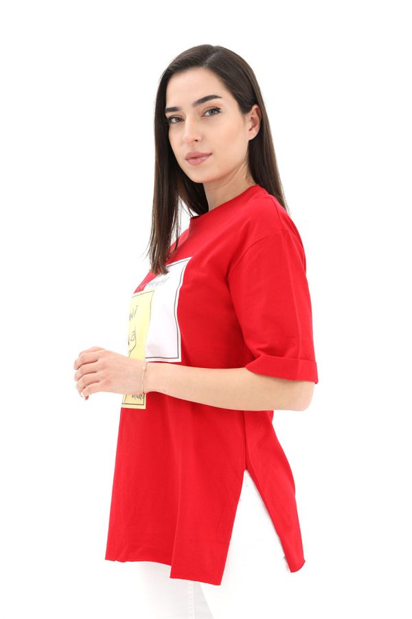 Bisiklet Yaka Yüz Basklı T-Shirt - Kırmızı - Görsel 2