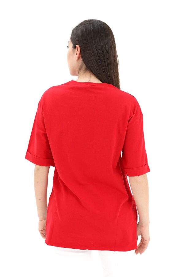 Bisiklet Yaka Yüz Basklı T-Shirt - Kırmızı - Görsel 3