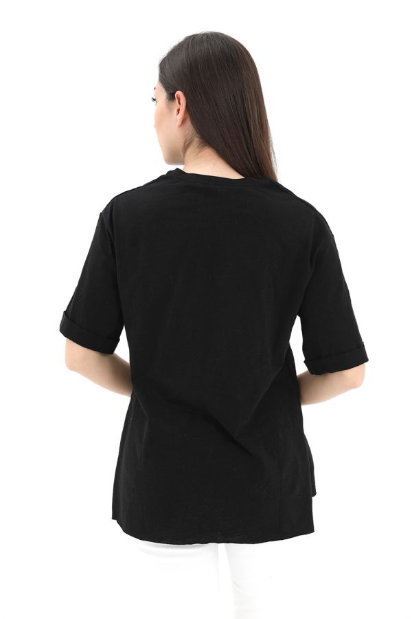 Bisiklet Yaka Yüz Basklı T-Shirt - Siyah - Görsel 3