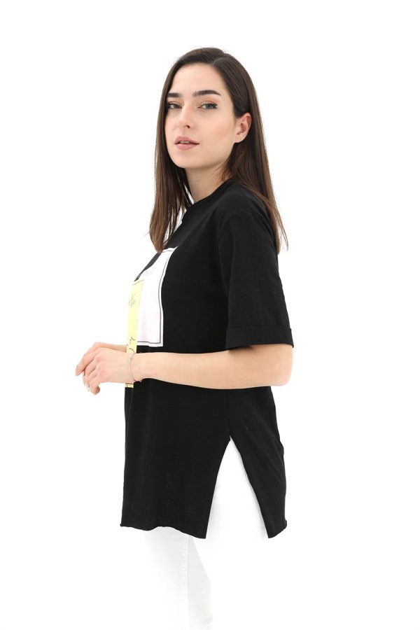 Bisiklet Yaka Yüz Basklı T-Shirt - Siyah - Görsel 2