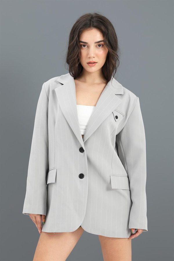 Blazer Ceket Çizgili Atlas Kumaş - Gri - Görsel 3