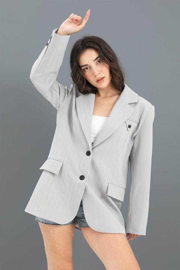 Blazer Ceket Çizgili Atlas Kumaş - Gri - Görsel 2