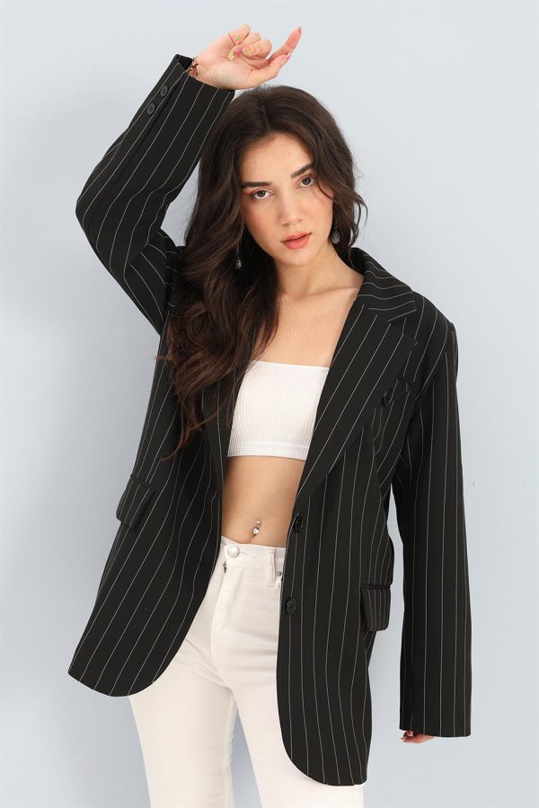 Blazer Ceket Çizgili Atlas Kumaş - Siyah - Görsel 2