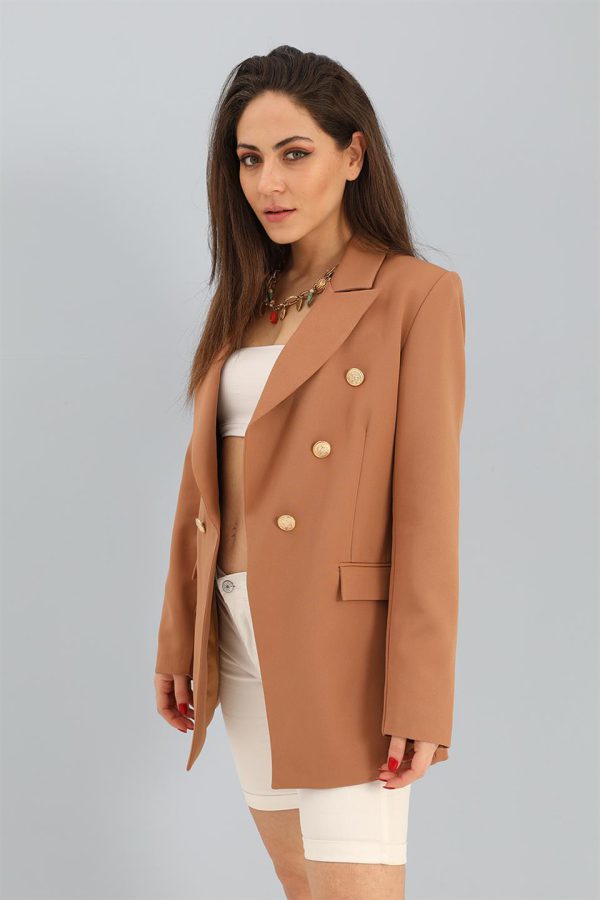 Blazer Fleto Cepli Atlas Kumaş Ceket - Camel - Görsel 3