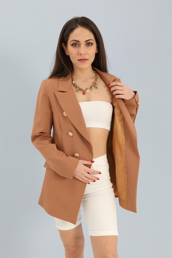 Blazer Fleto Cepli Atlas Kumaş Ceket - Camel - Görsel 2