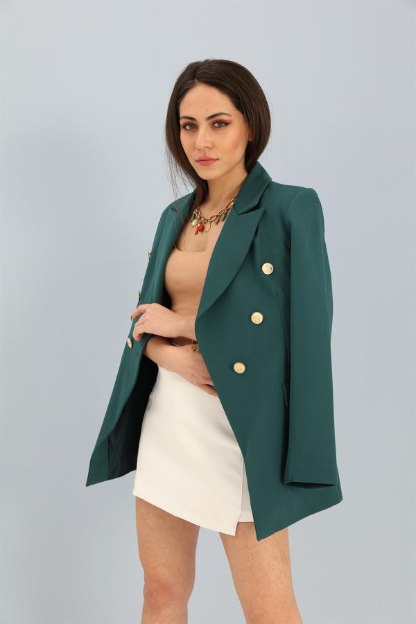 Blazer Fleto Cepli Atlas Kumaş Ceket - Zümrüt - Görsel 2