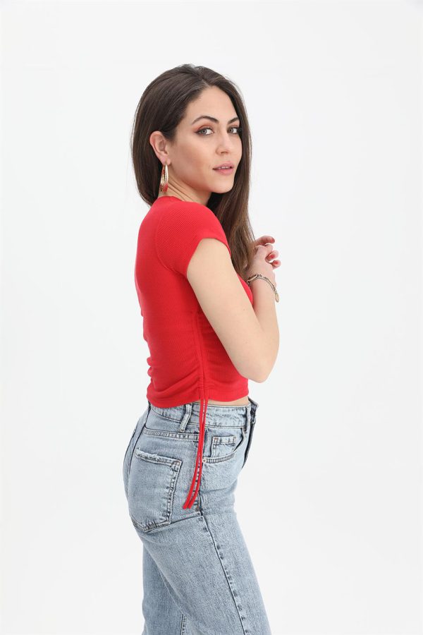 Bluz Bisiklet Yaka Yanları Büzgülü - Kırmızı - Görsel 2