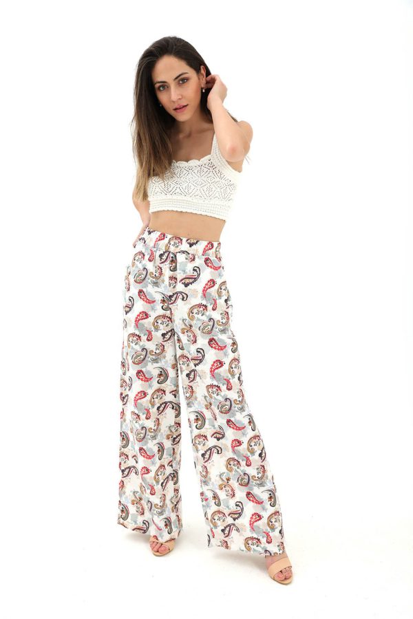 Bol Paça Renkli Baskı Keten Pantolon - Mint Yeşili - Görsel 2