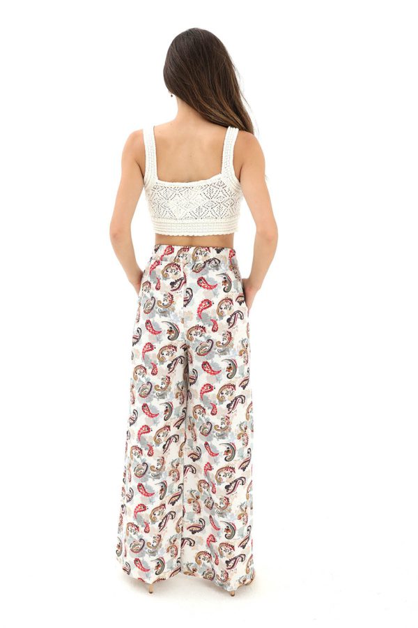 Bol Paça Renkli Baskı Keten Pantolon - Mint Yeşili - Görsel 4