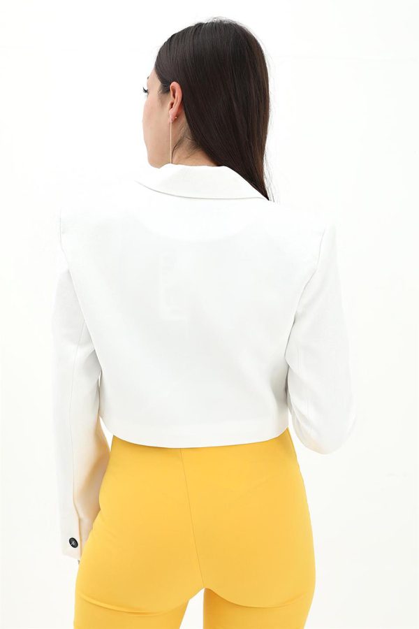 Çift Peto Cepli Kısa Crop Blazer Ceket - Ekru - Görsel 3