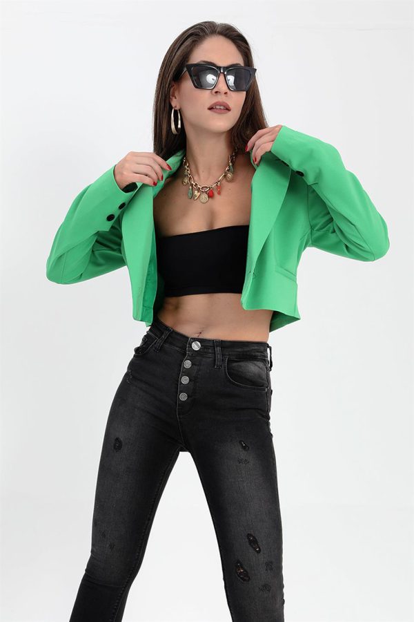Çift Peto Cepli Kısa Crop Blazer Ceket - Yeşil - Görsel 2