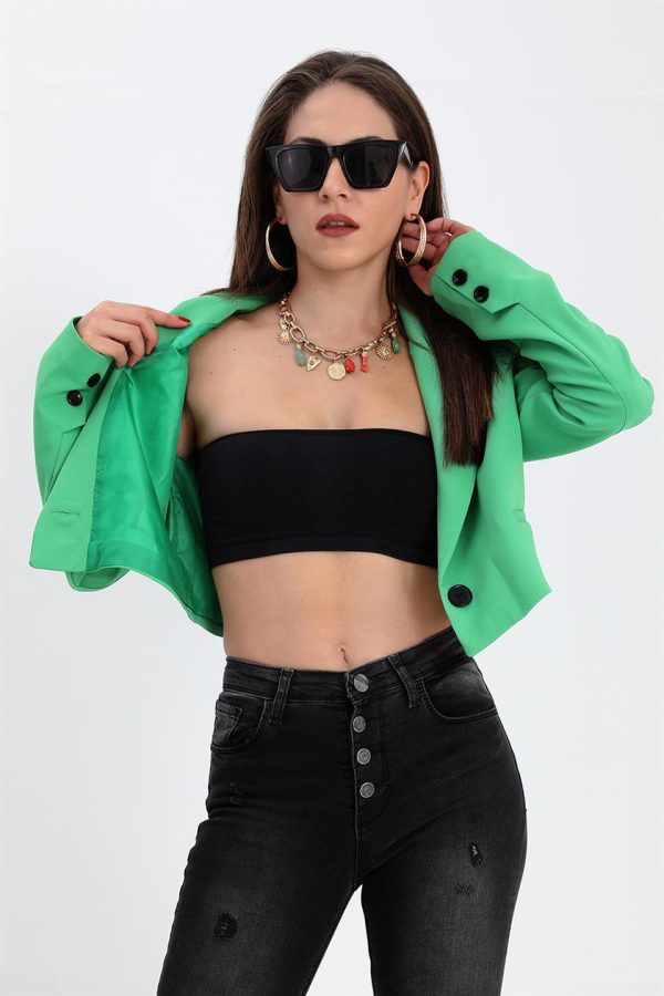 Çift Peto Cepli Kısa Crop Blazer Ceket - Yeşil - Görsel 4