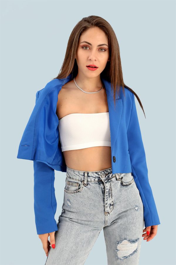 Çift Peto Cepli Kısa Crop Blazer Ceket - SaksMavisi - Görsel 3