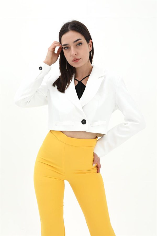Çift Peto Cepli Kısa Crop Blazer Ceket - Ekru