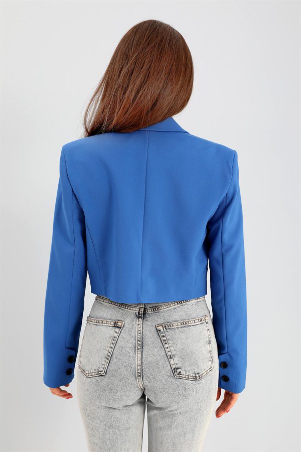 Çift Peto Cepli Kısa Crop Blazer Ceket - SaksMavisi - Görsel 5